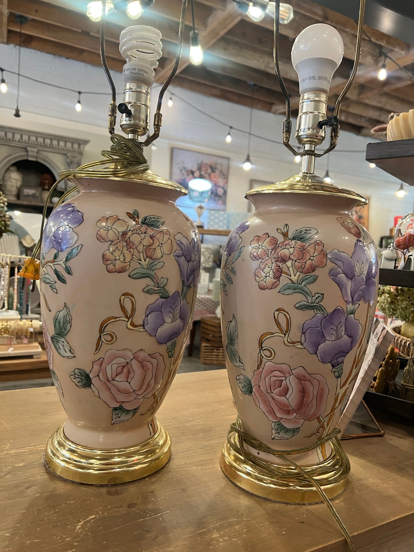 Pair of Vintage Blush Floral Lamps