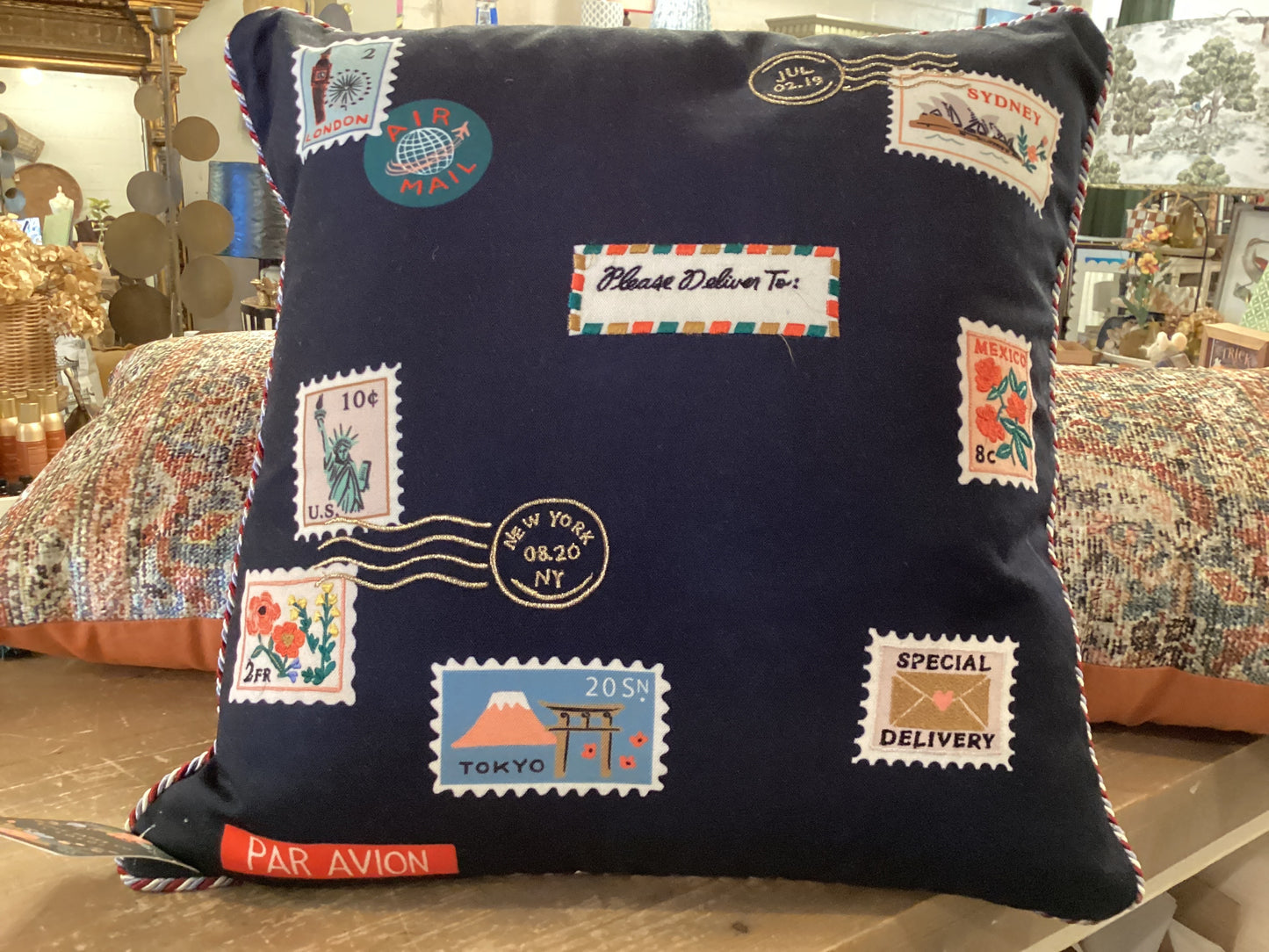 Embroidered Stamp Navy Pillow