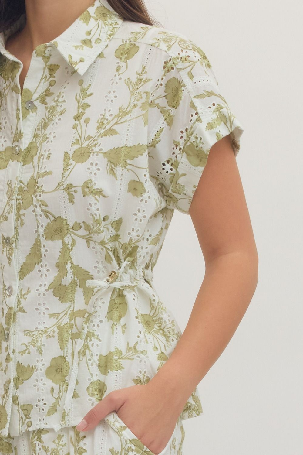 Green Floral Eyelet Top