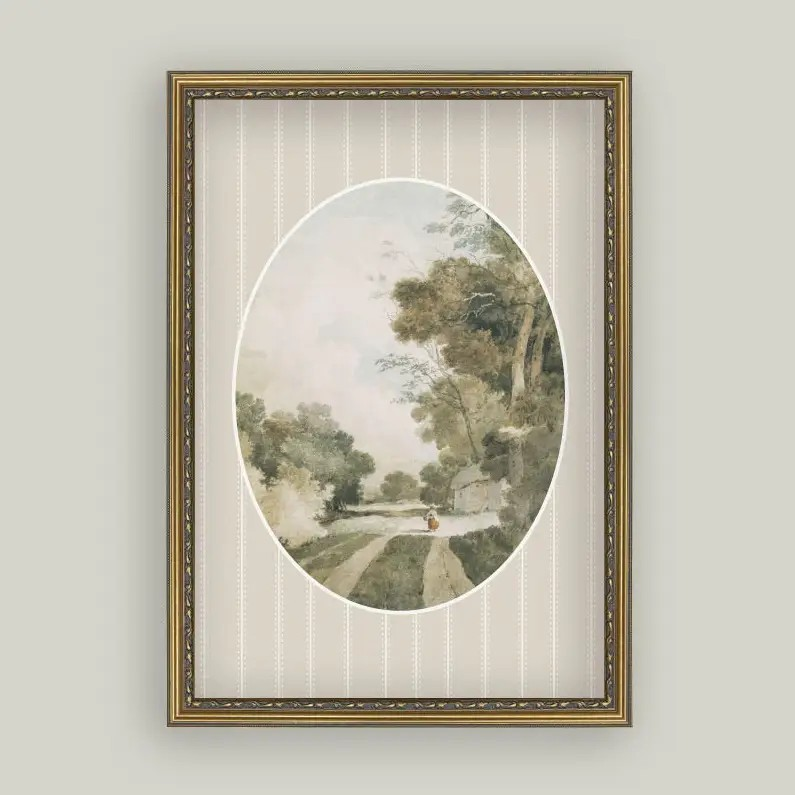 Oval Landscape with Cottages Framed Art