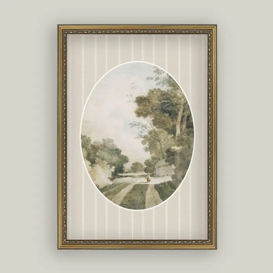 Oval Landscape with Cottages Framed Art
