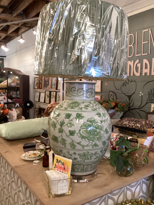Green Peony Porcelain Lamp on Acrylic Base