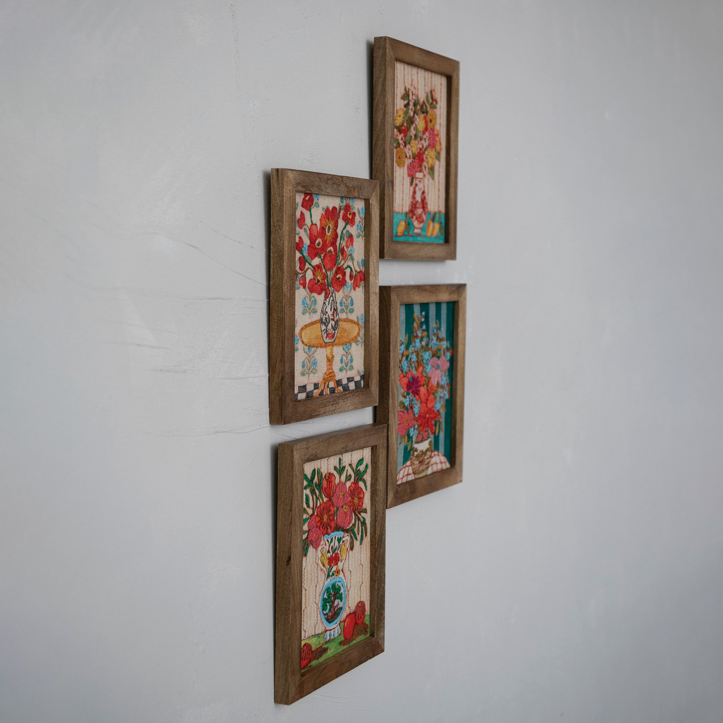 Wood Framed Embroidered Floral Vases