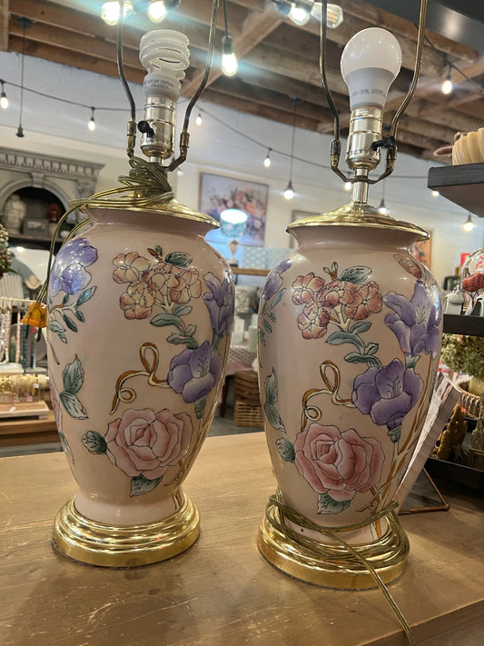 Pair of Vintage Blush Floral Lamps