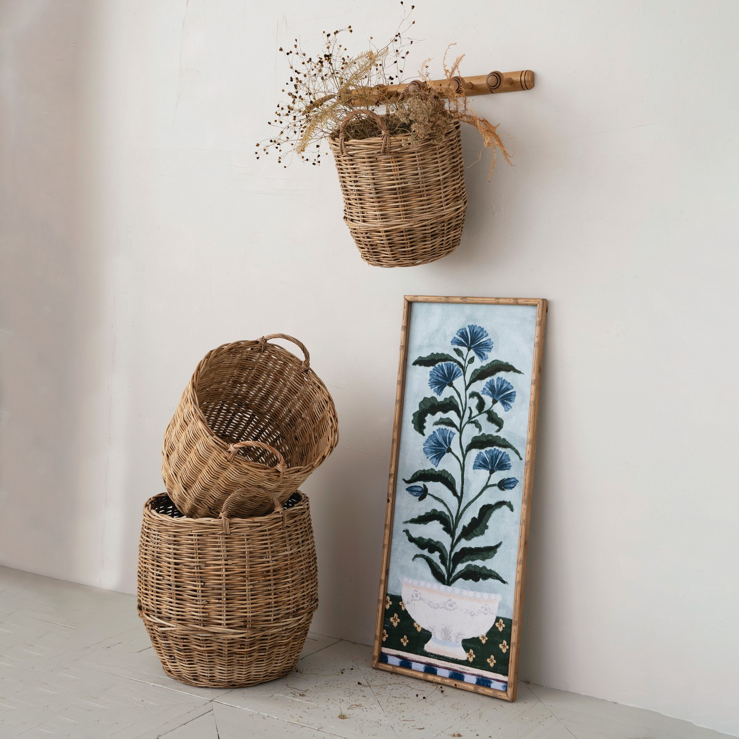 Blue Floral Art with Bamboo Style Frame