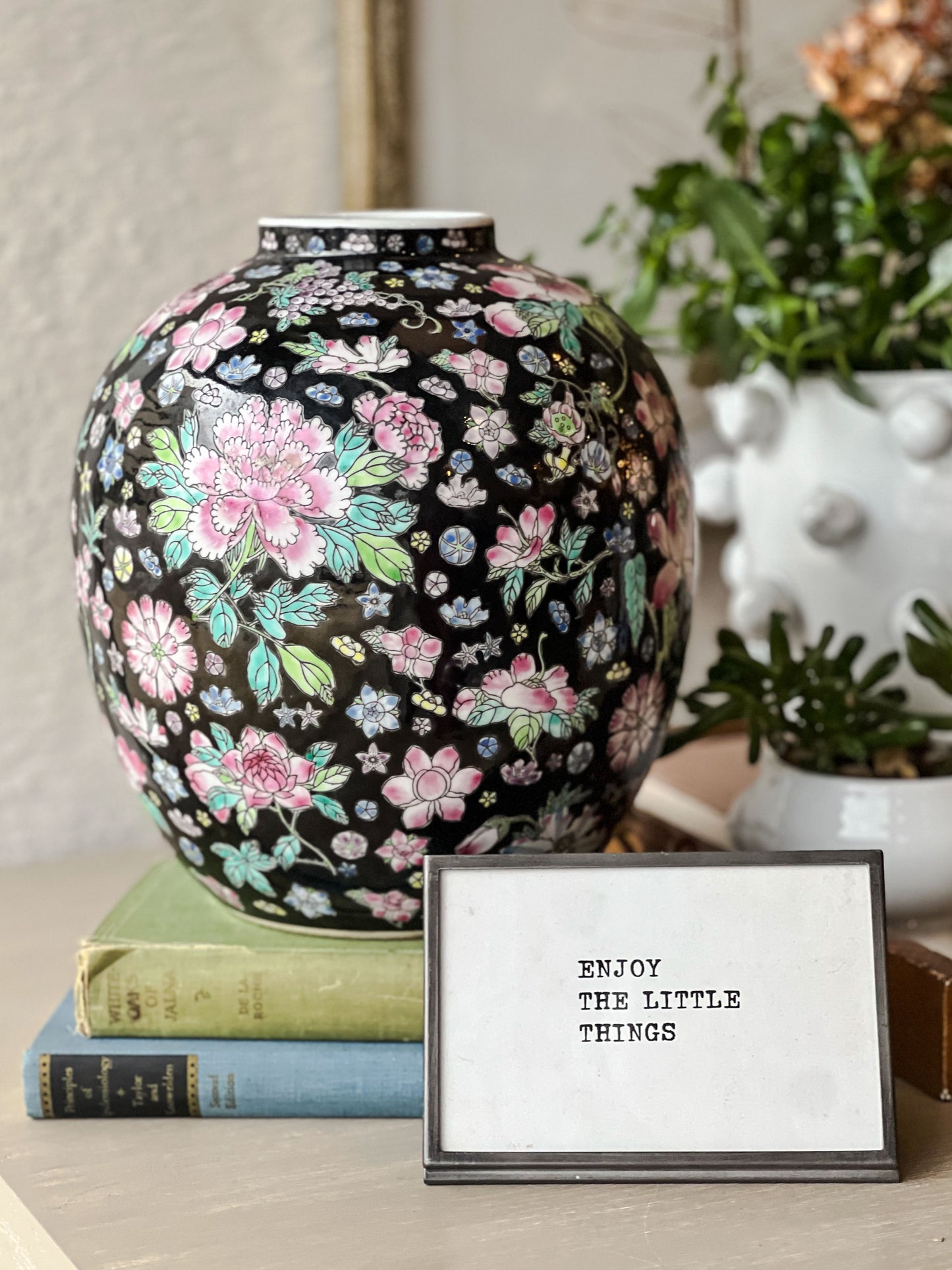 Vintage Black Floral Ginger Jar