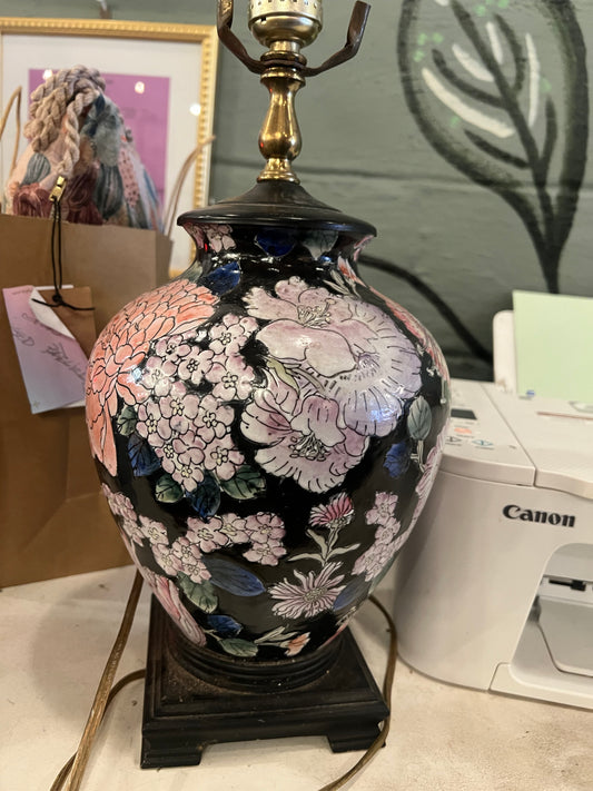Vintage Black Floral Ginger Jar Lamp
