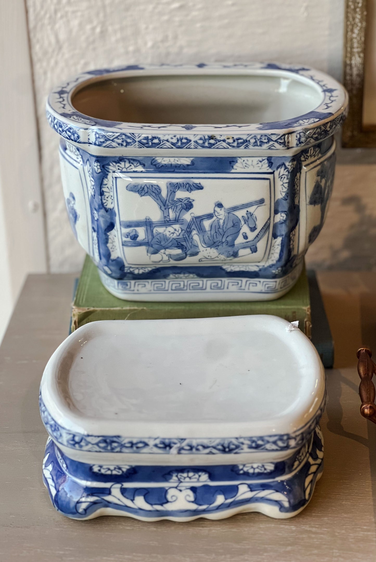 Vintage Chinoiserie Blue and White Planter Pot