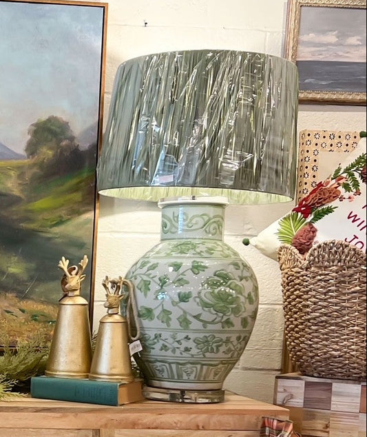 Green Peony Porcelain Lamp on Acrylic Base