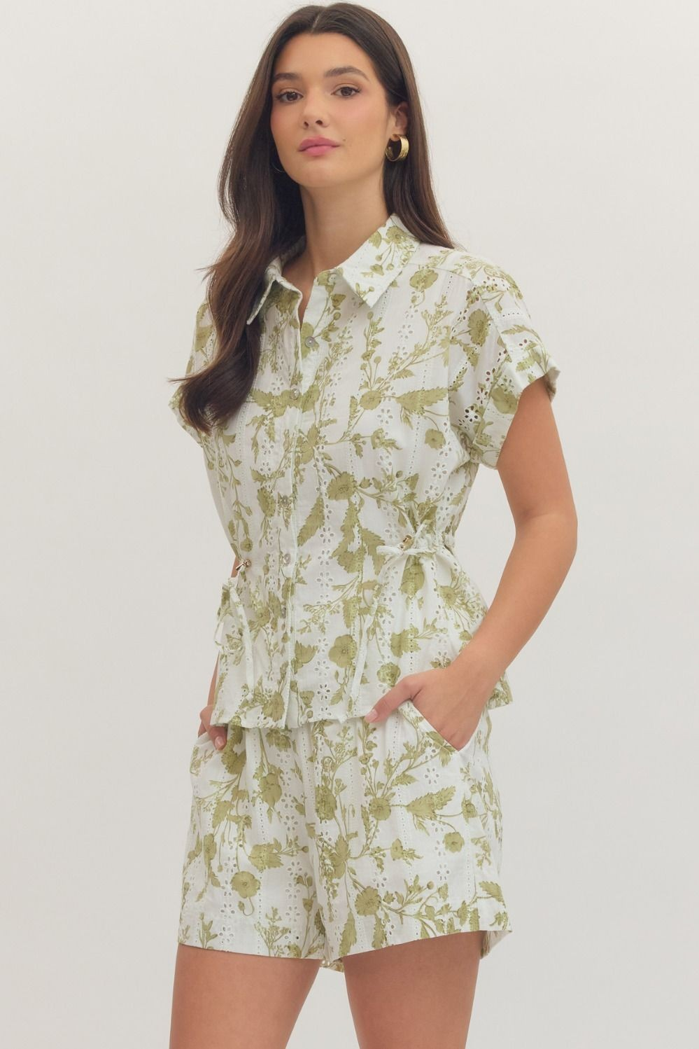 Green Floral Eyelet Top