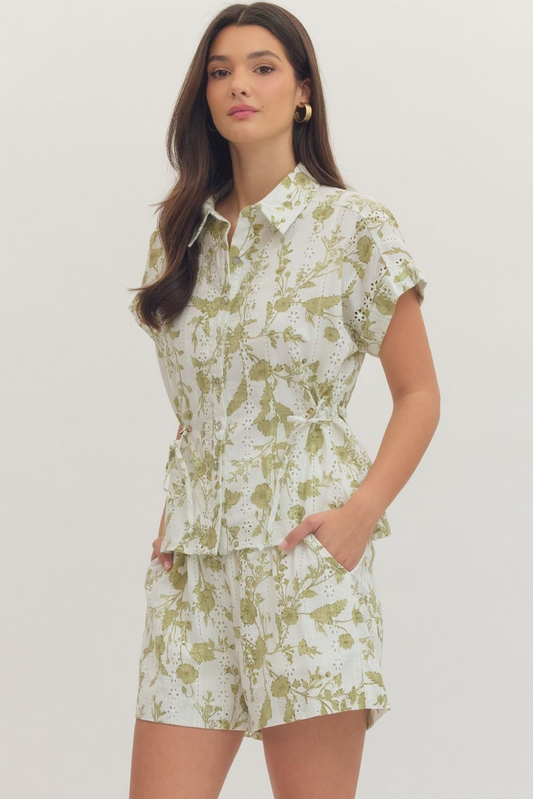 Green Floral Eyelet Top
