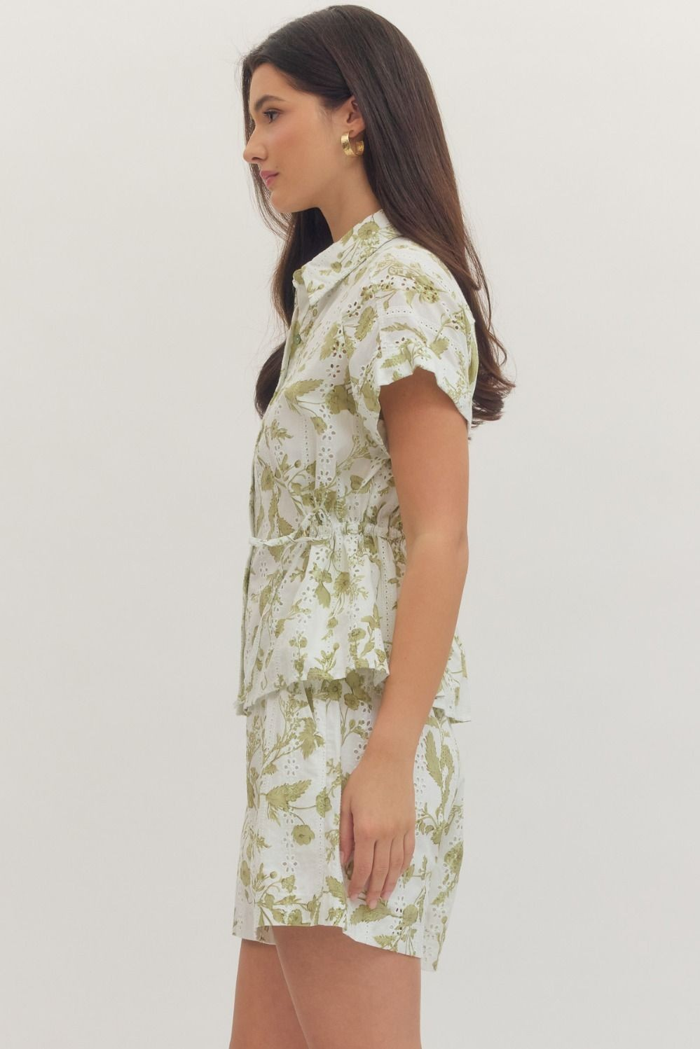 Green Floral Eyelet Top