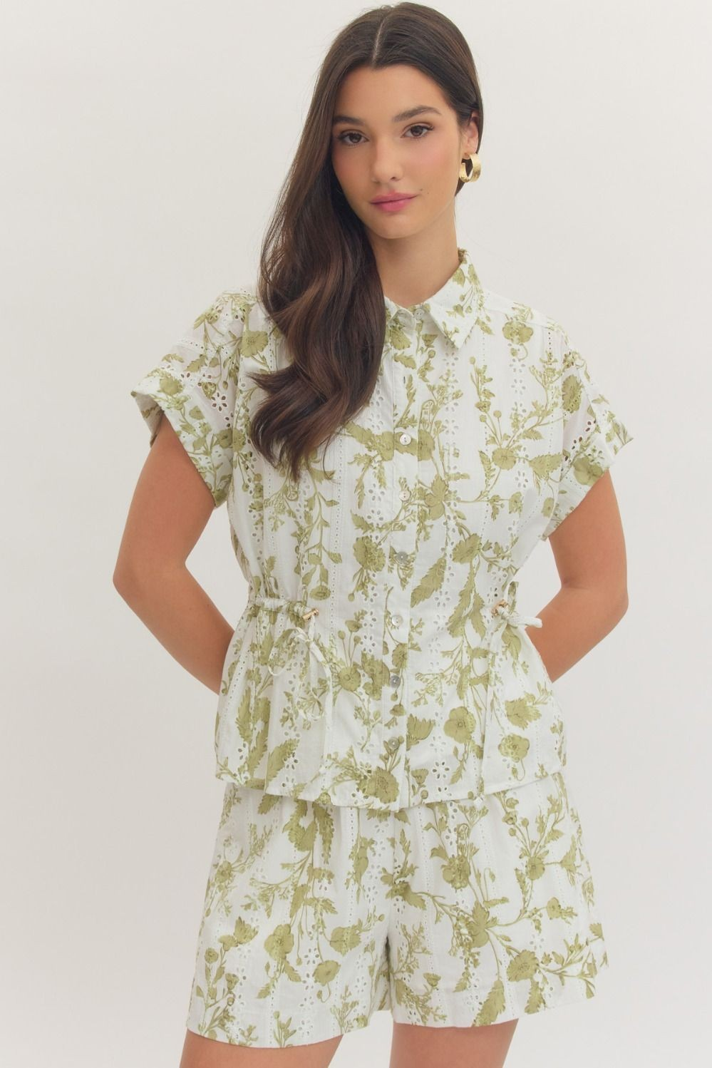 Green Floral Eyelet Top