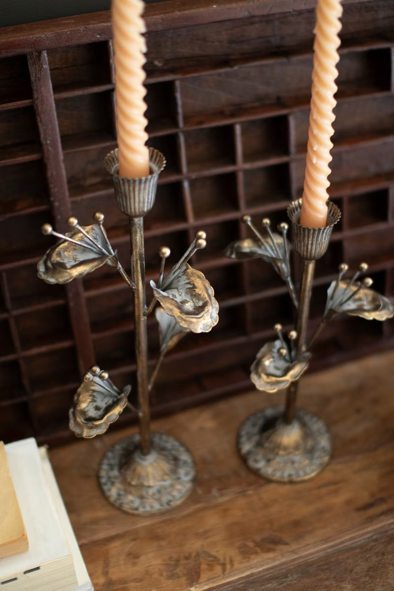 Set of Two Brass Flower Taper Holders