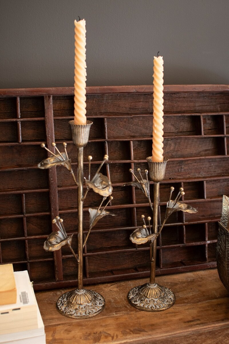 Set of Two Brass Flower Taper Holders