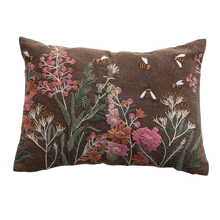 Embroidered Floral Garden Pillow