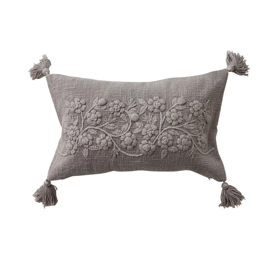 Taupe Floral Embroidered Lumbar Pillow