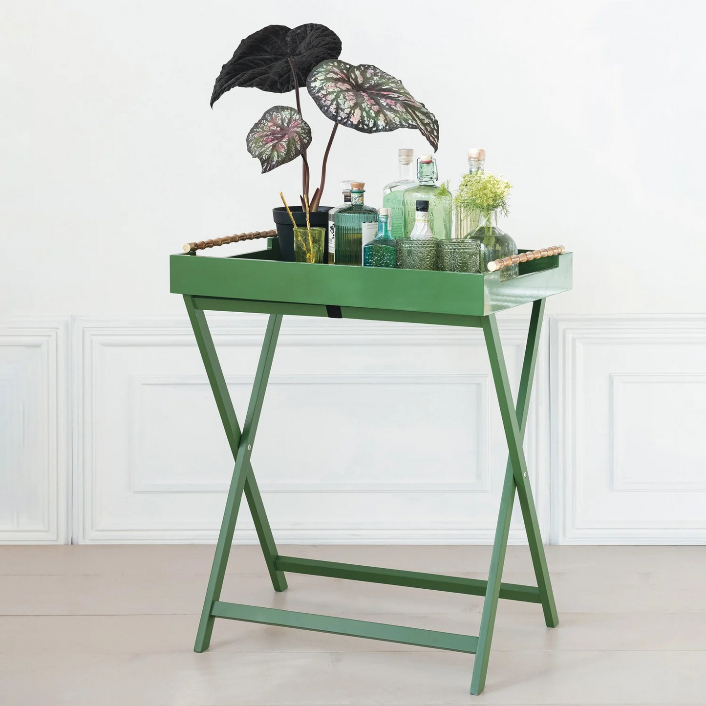 Green Lacquered Folding Table with Bamboo Handles