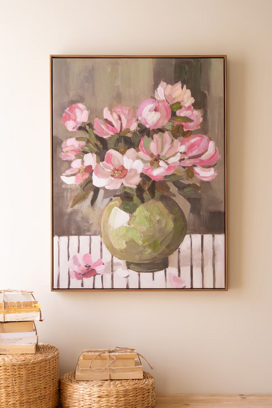 Framed Print of Pink Flowers in Green Vase