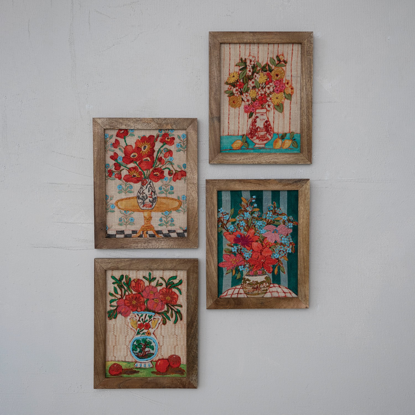 Wood Framed Embroidered Floral Vases
