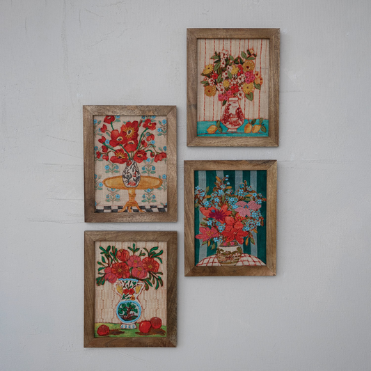 Wood Framed Embroidered Floral Vases