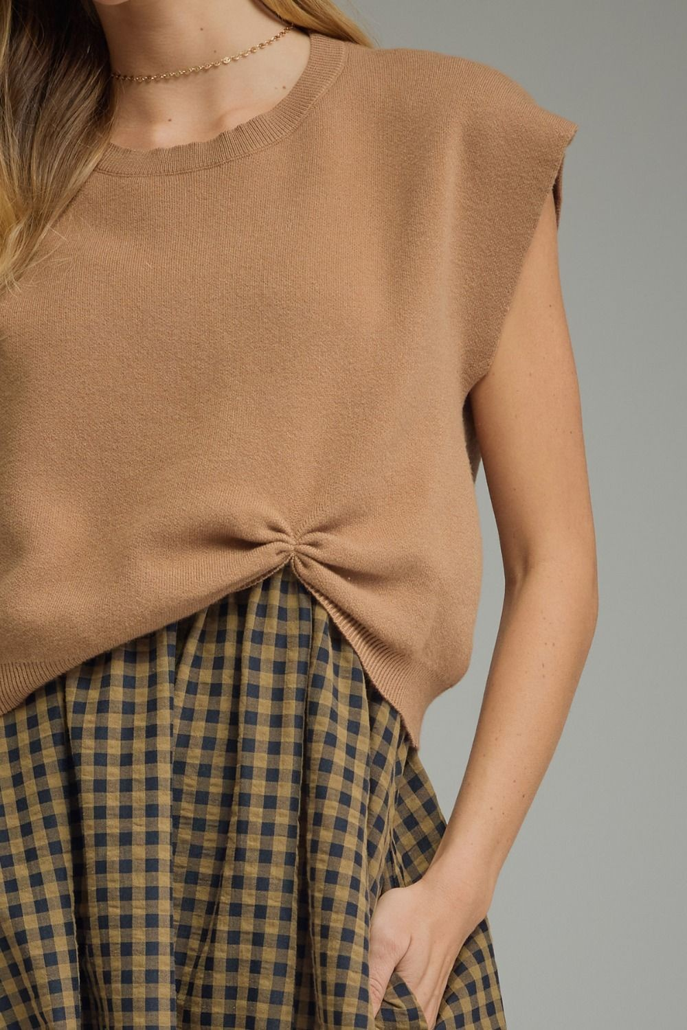 Tobacco or Olive Check Dress