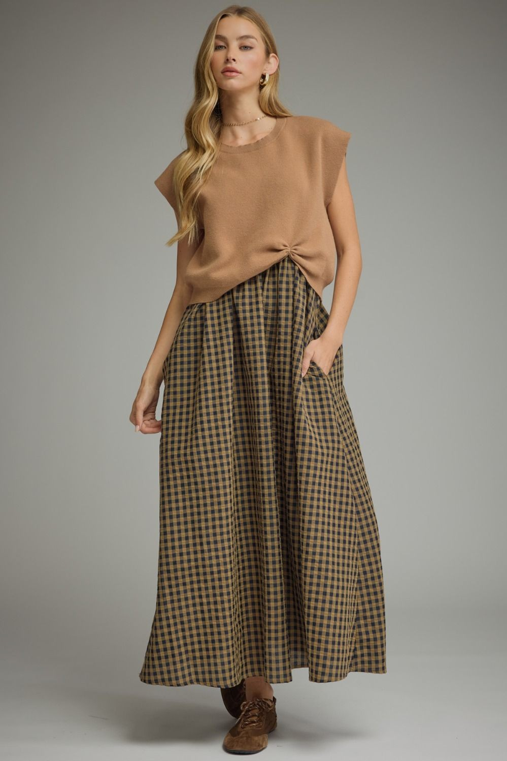 Tobacco or Olive Check Dress