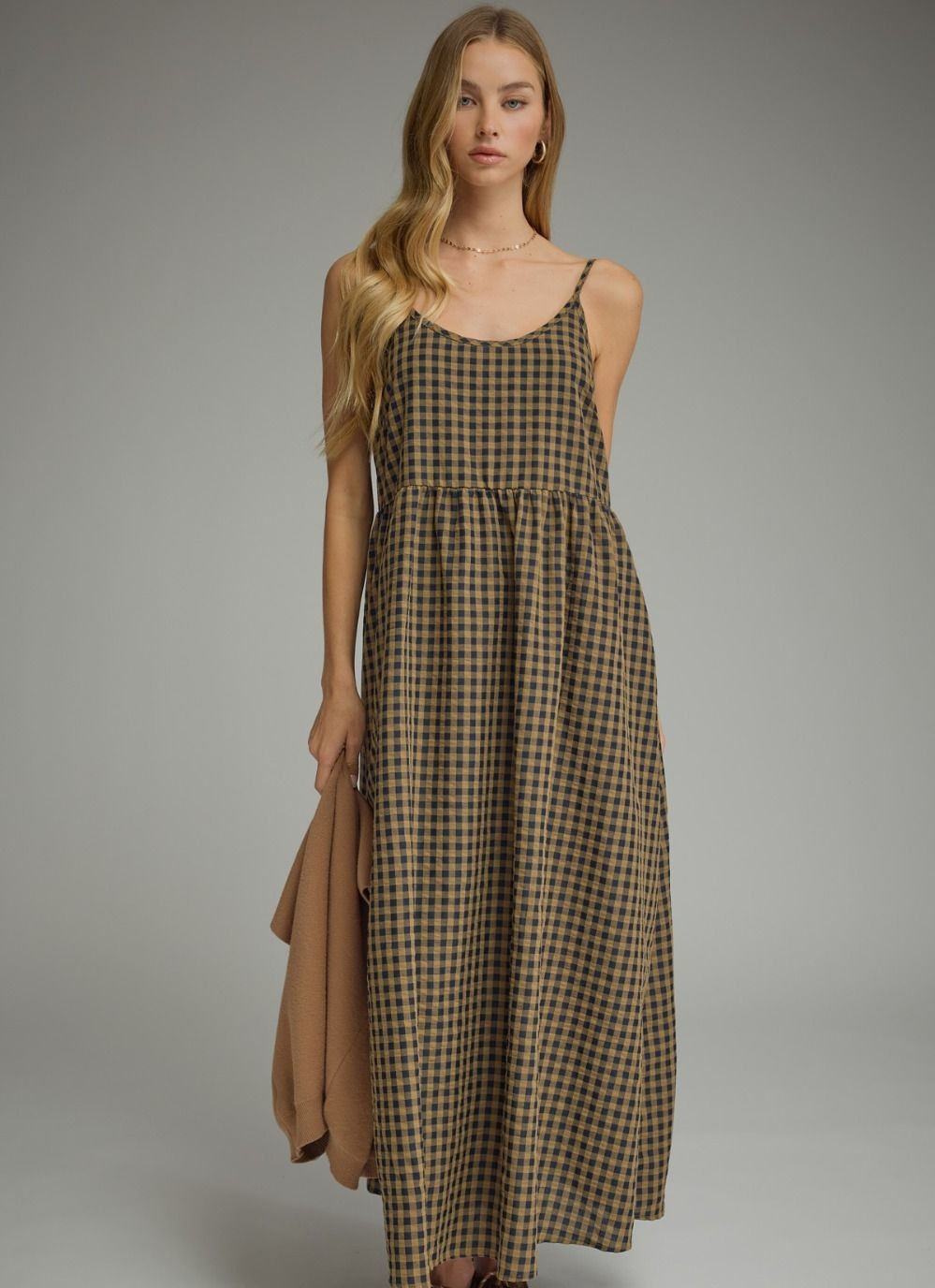Tobacco or Olive Check Dress