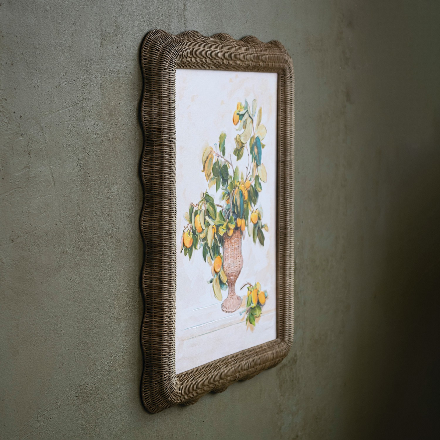 Rattan Framed Lemon Branches in Vase