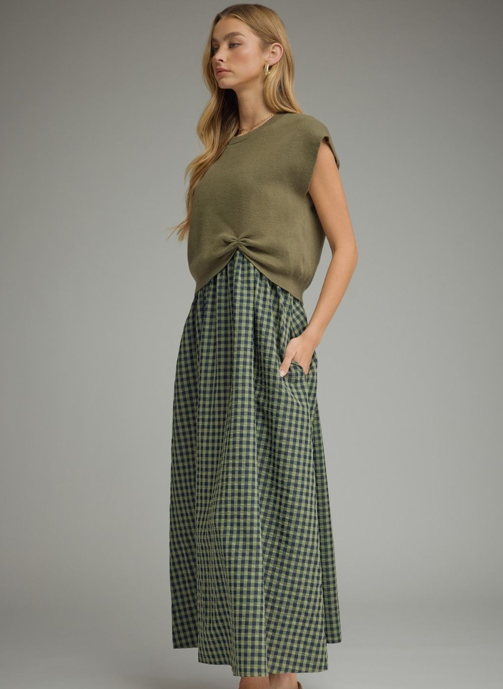 Tobacco or Olive Check Dress