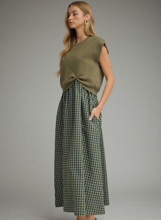 Tobacco or Olive Check Dress