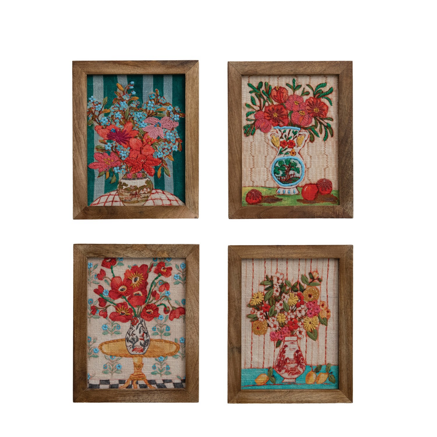 Wood Framed Embroidered Floral Vases