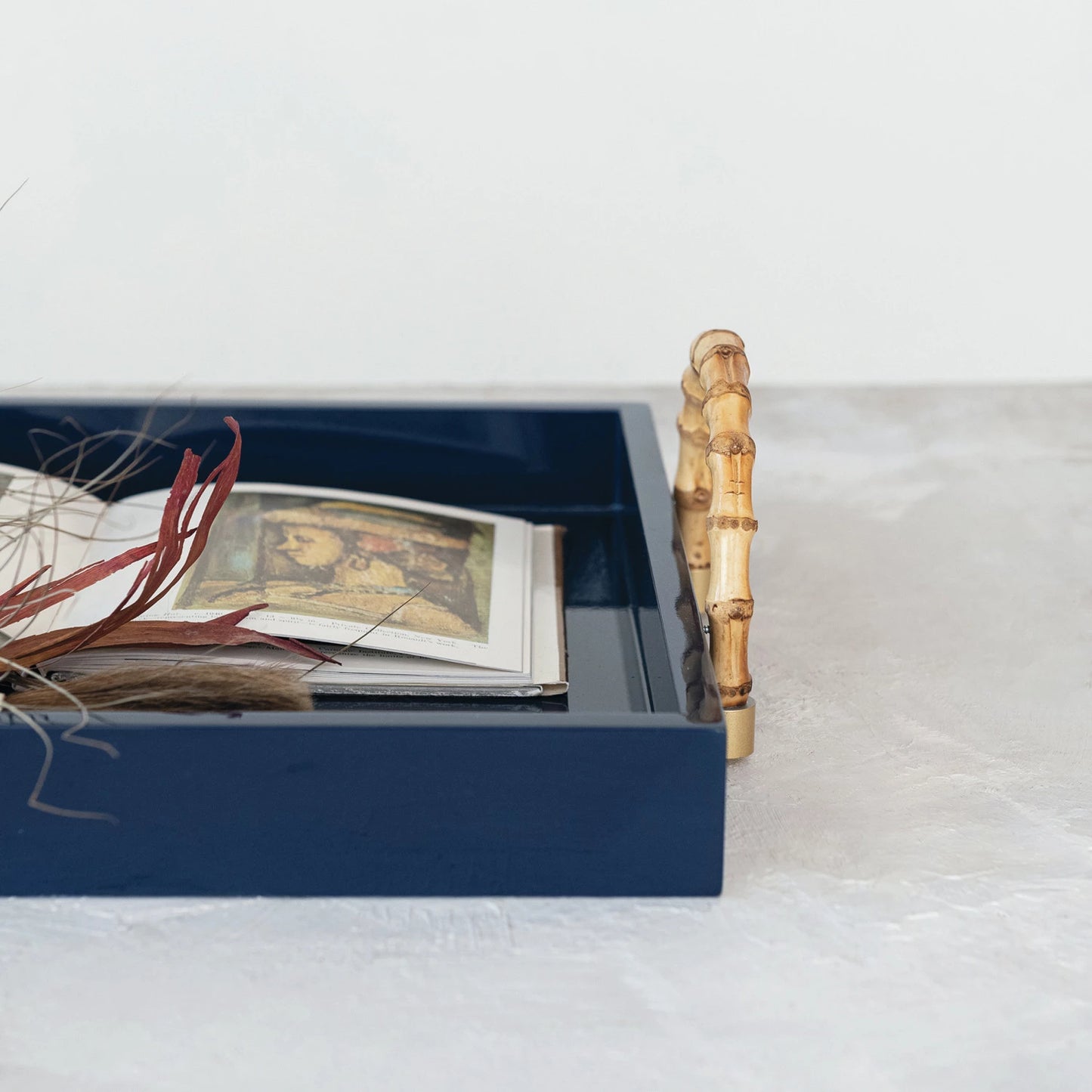 Lacquered Navy Tray with Bamboo Handles