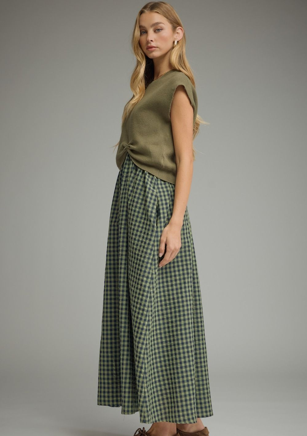 Tobacco or Olive Check Dress