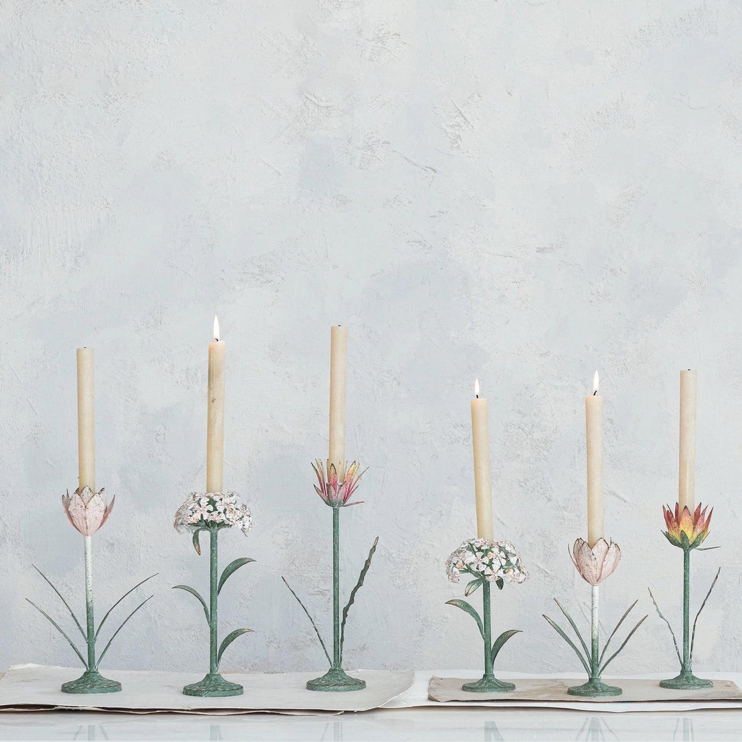Painted Metal Flower Candlestick Holder