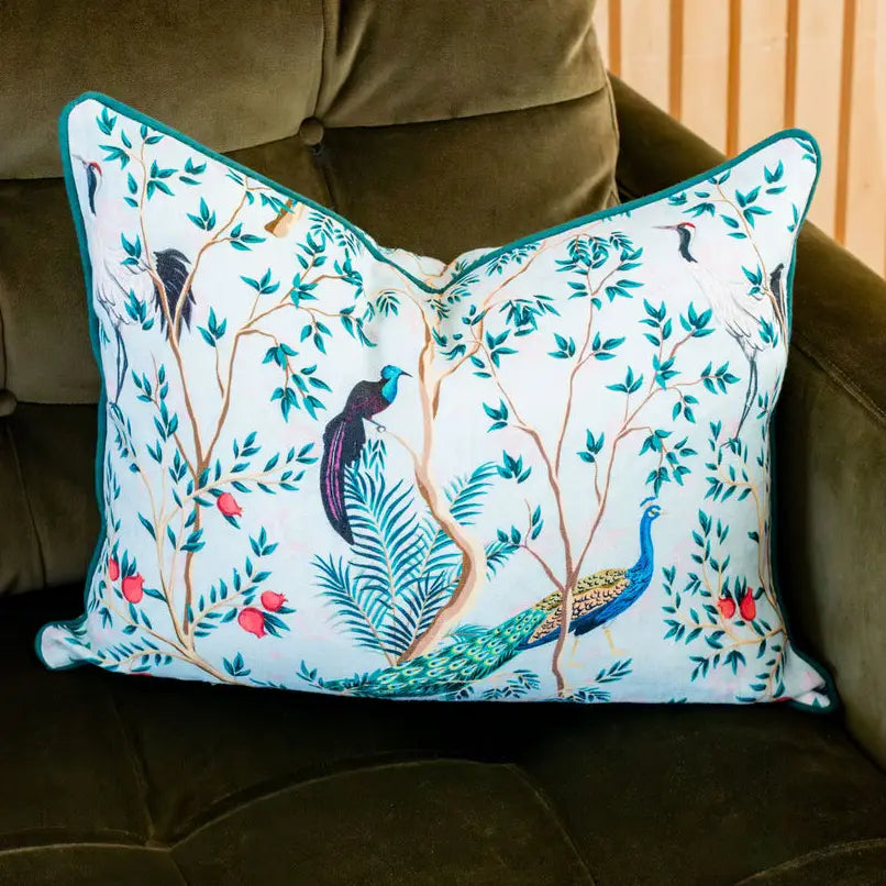Linen Peacock Paradise Lumbar Pillow