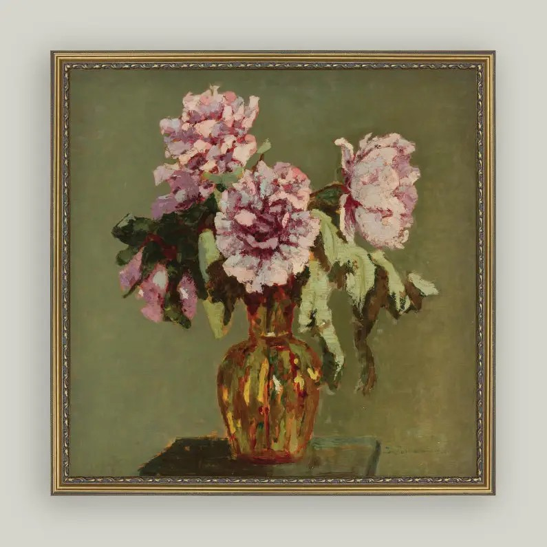 Peonies and Small Yellow Vase Framed Print