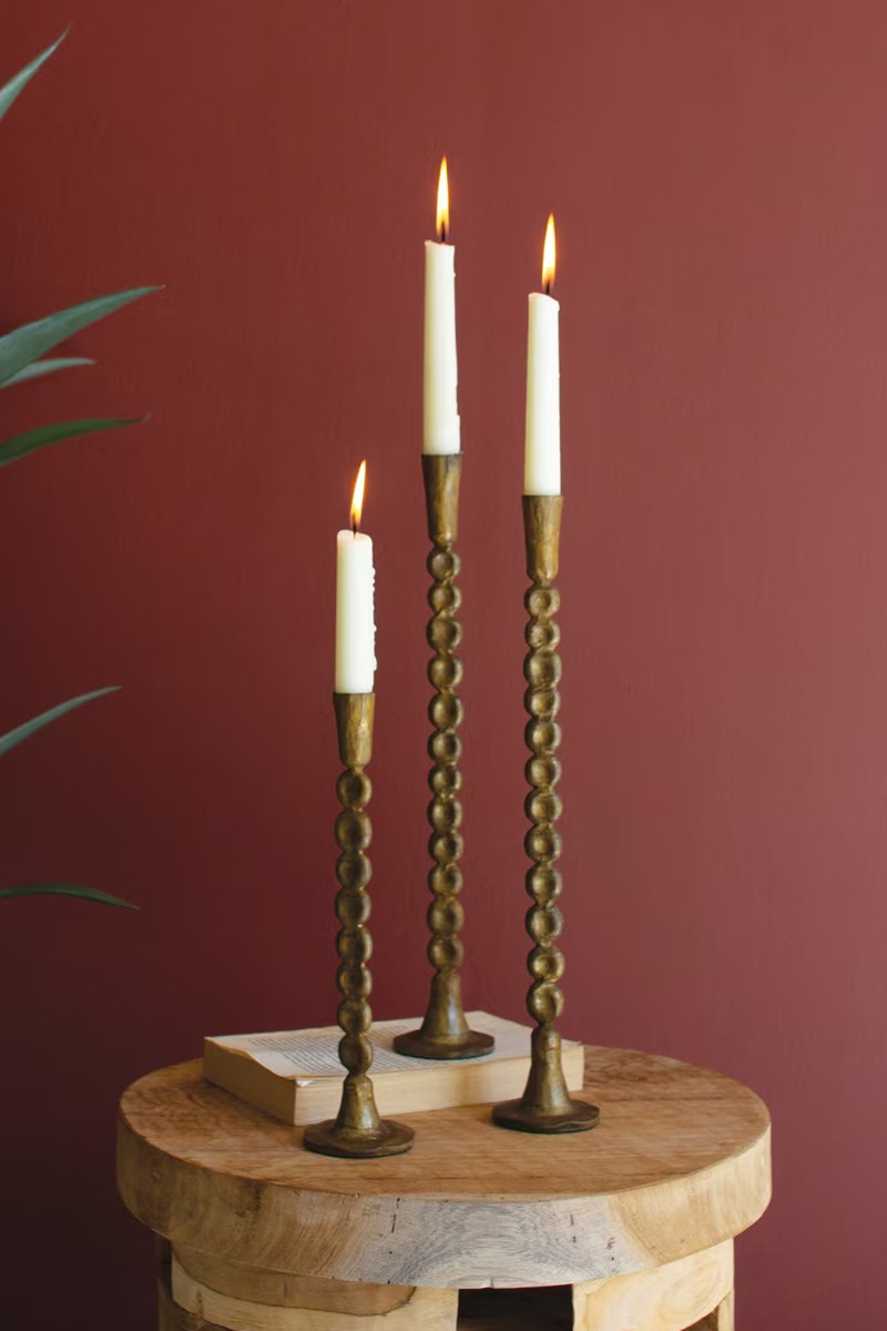 Set of 3 Tall Antique Brass Taper Holders