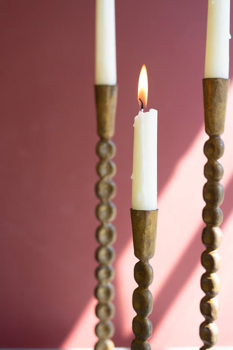 Set of 3 Tall Antique Brass Taper Holders