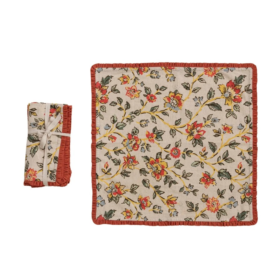 Cotton & Linen Floral Napkins with Ruffle Trim