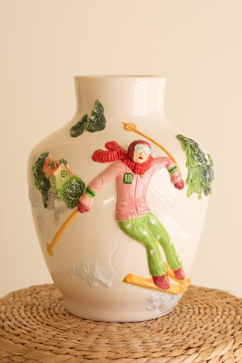 Nostalgic Ceramic Skier Vase